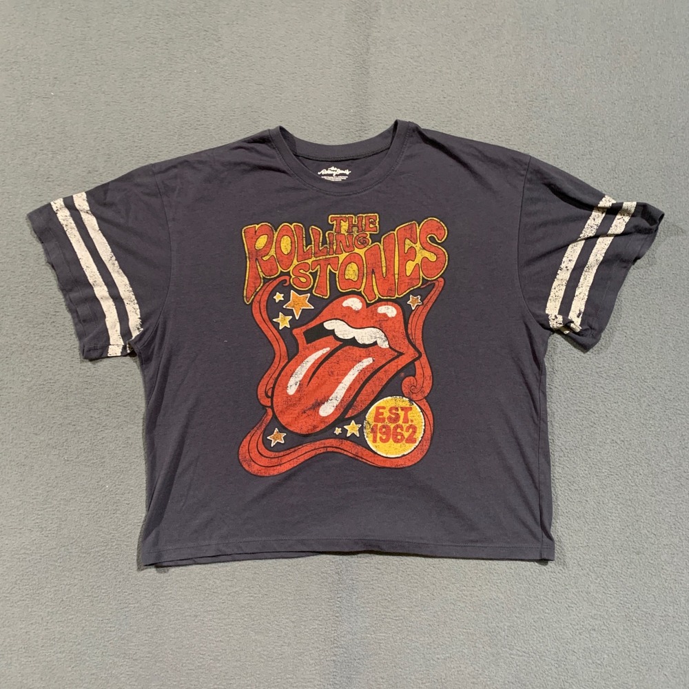 The Rolling Stones Graphic Tee Women Med Gray Cropped Varsity Stripe‎ Rock Band